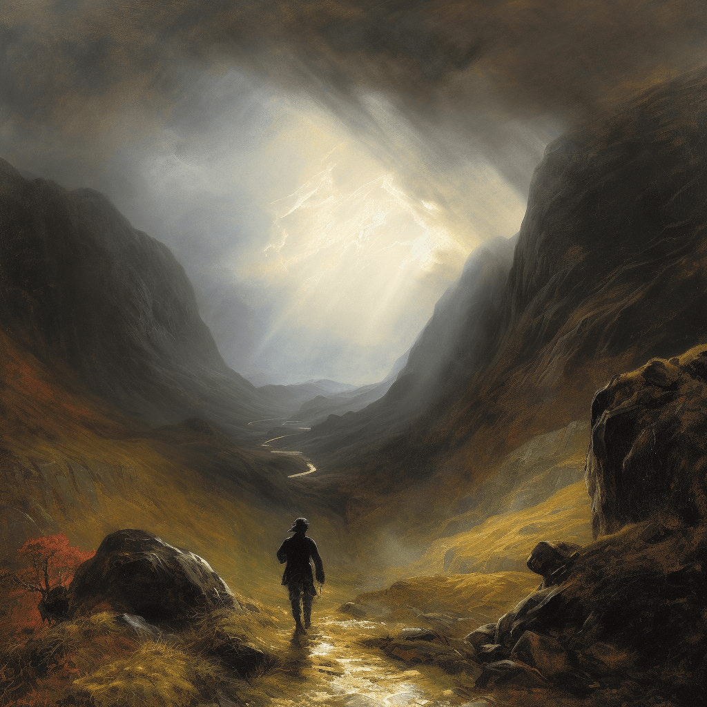 A lone figure, courageously scaling a steep, rugged mountain path against a stormy backdrop.