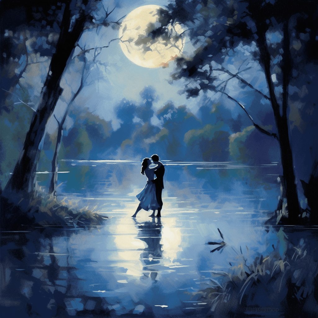 A couple kissing in the moonlight, a pool of water reflecting below them