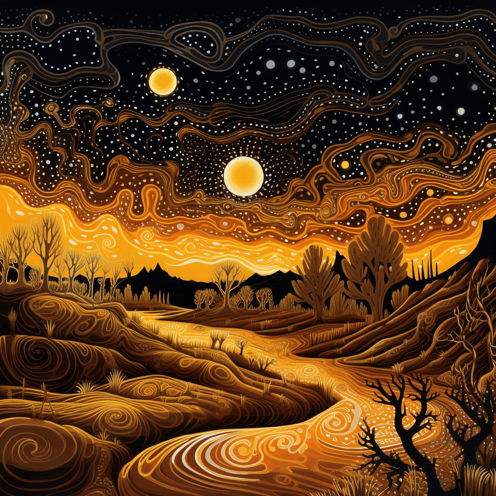 A surreal dream depicion, blacks and golds swirling over a fantastical landscape