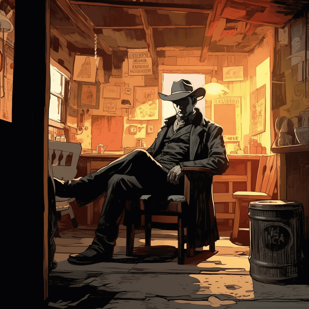 An enigmatic cowboy sits causally on a wooden chair in a brightly lit saloon. The shadow of his hat covers his face partially.