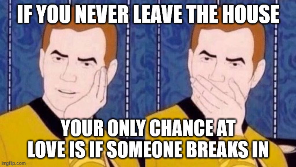 A thinking / shocked face meme with the words: If you never leave the house, your only chance at love is if someone breaks in.