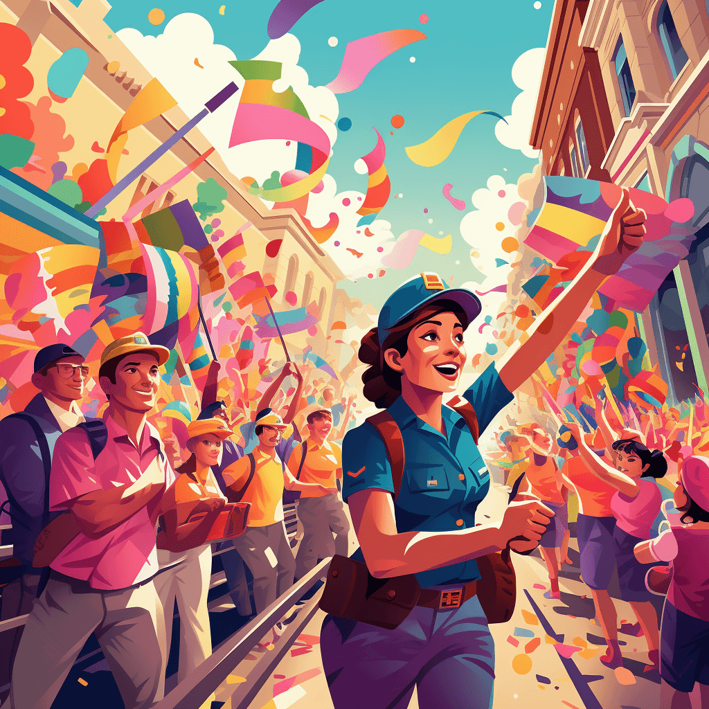 A colorful illustration of a labor day celebration. Bright colors. AI generated image.