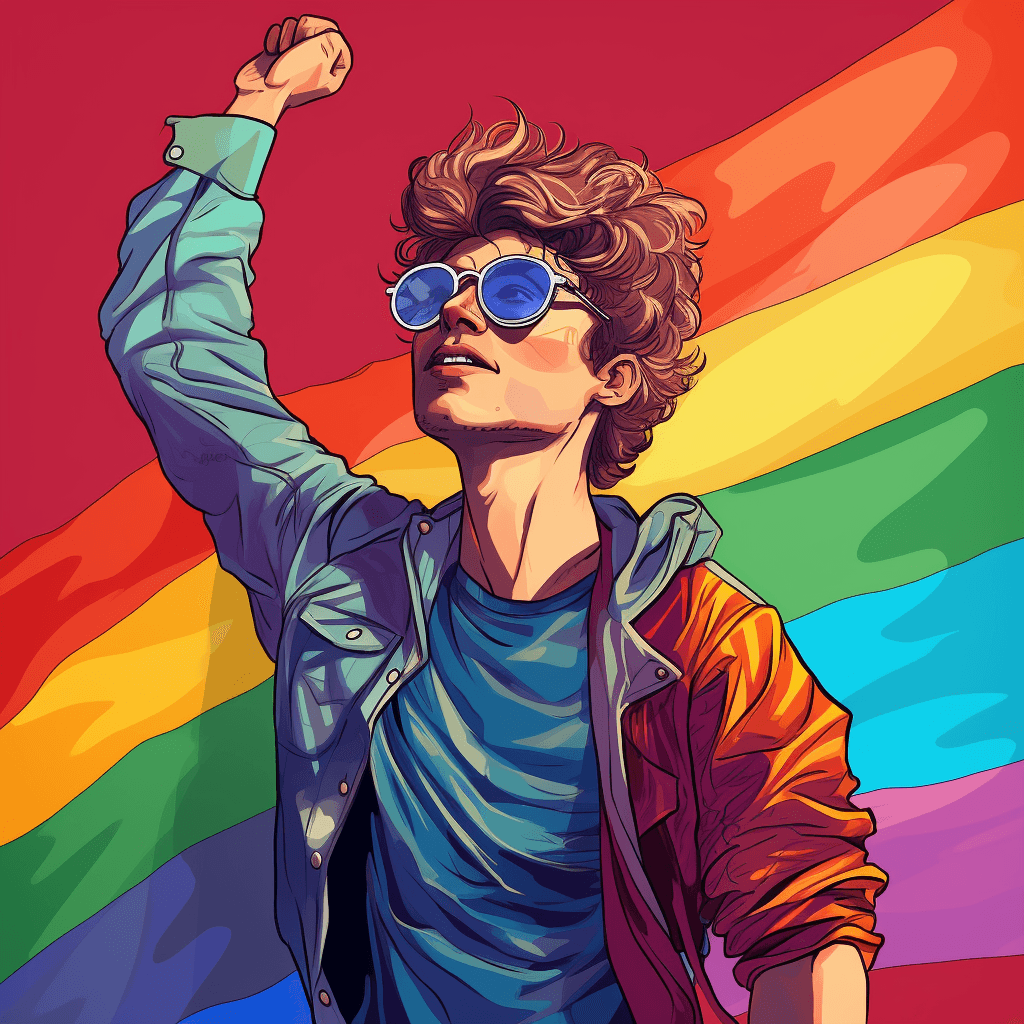 A man holding his fist up in front of a pride flag.