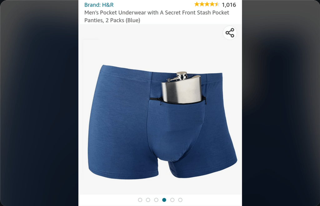 An amazon listing for a pair of packing boxers with a flask in it.