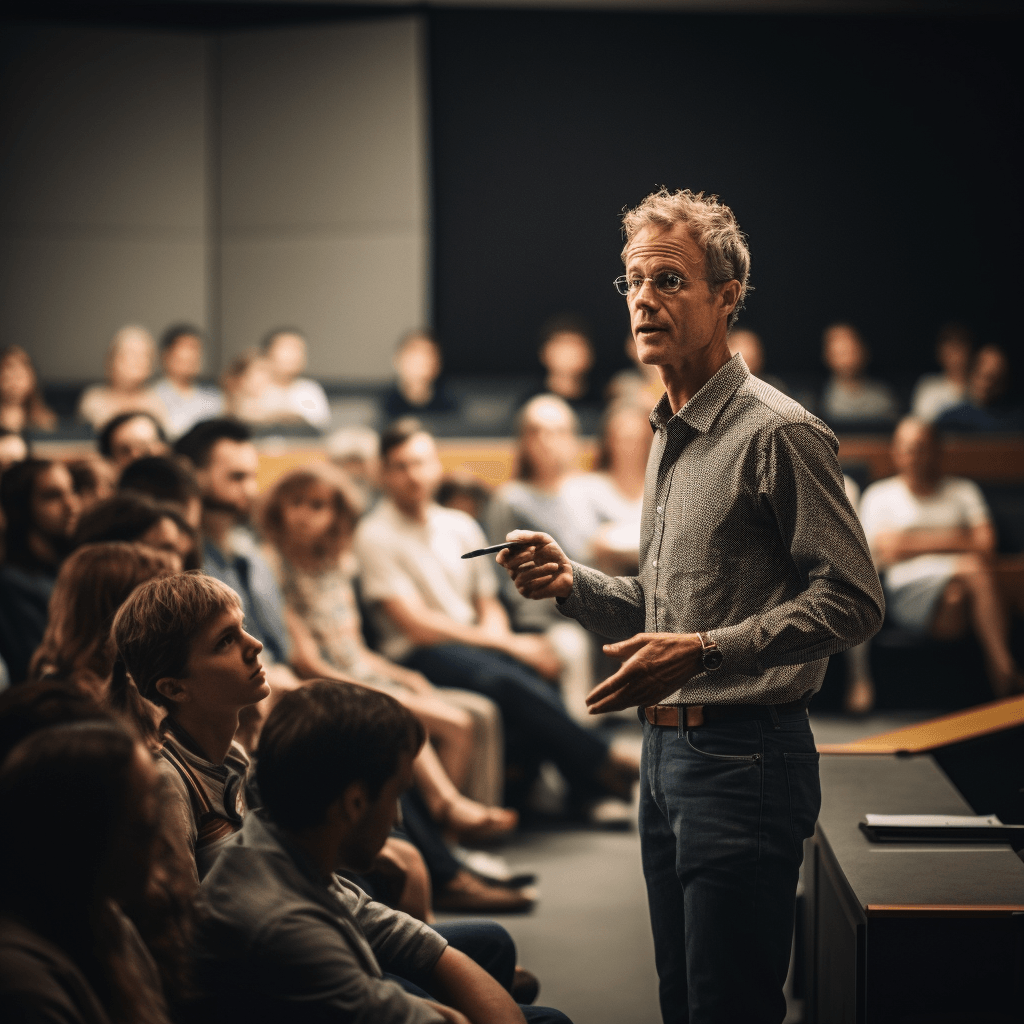 A professor giving a lecture in a lecture hall. AI generated