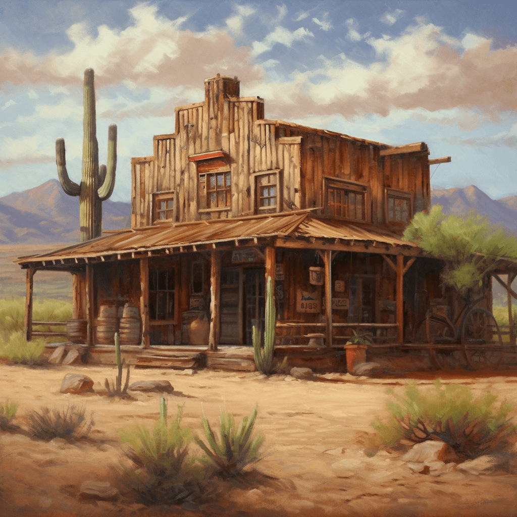 A quaint saloon with a rugged western landscape and saguaro cacti in the background