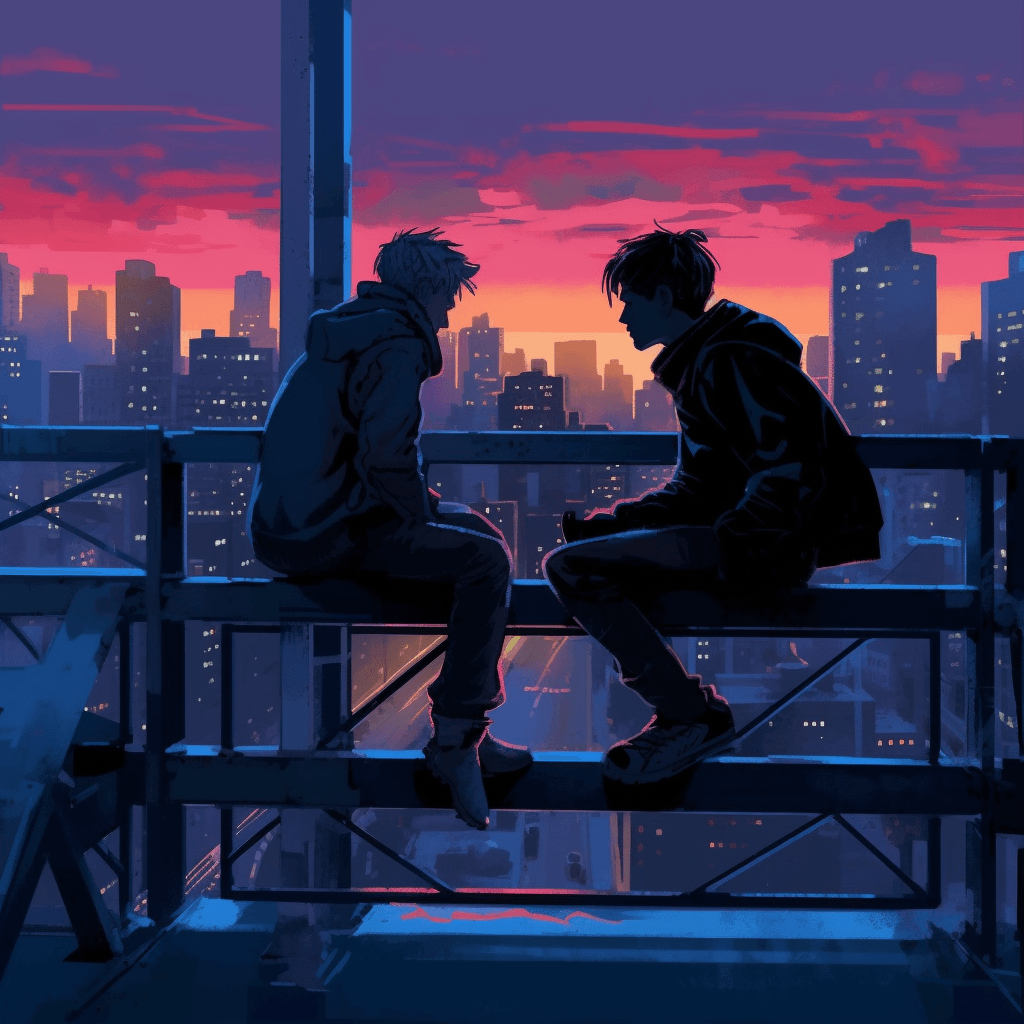 Two men on a bridge overlooking a city, having a casual conversation.