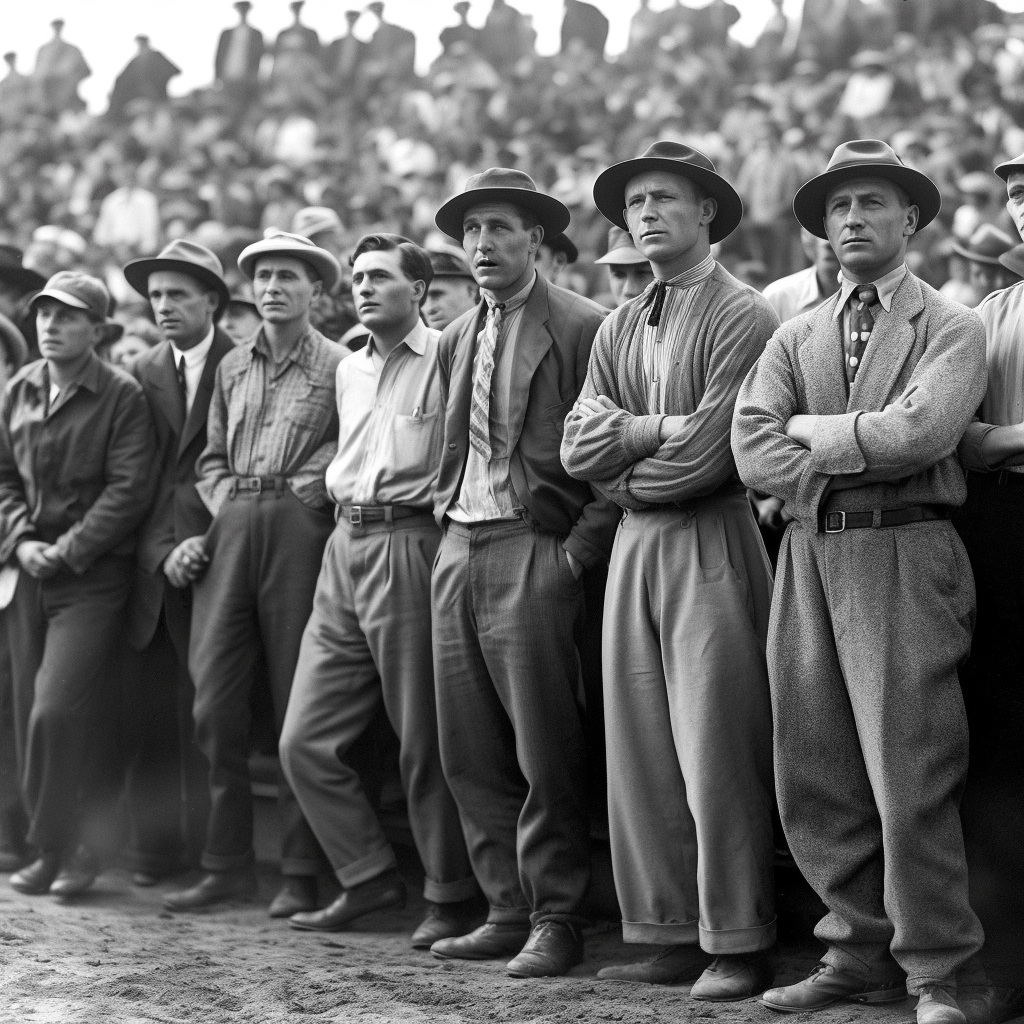 Men watch a baseball game, in the style of 1920s old photographs