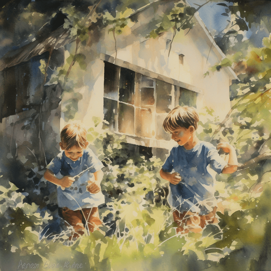 Two boys play in the sun outside, in the style of painted children's books